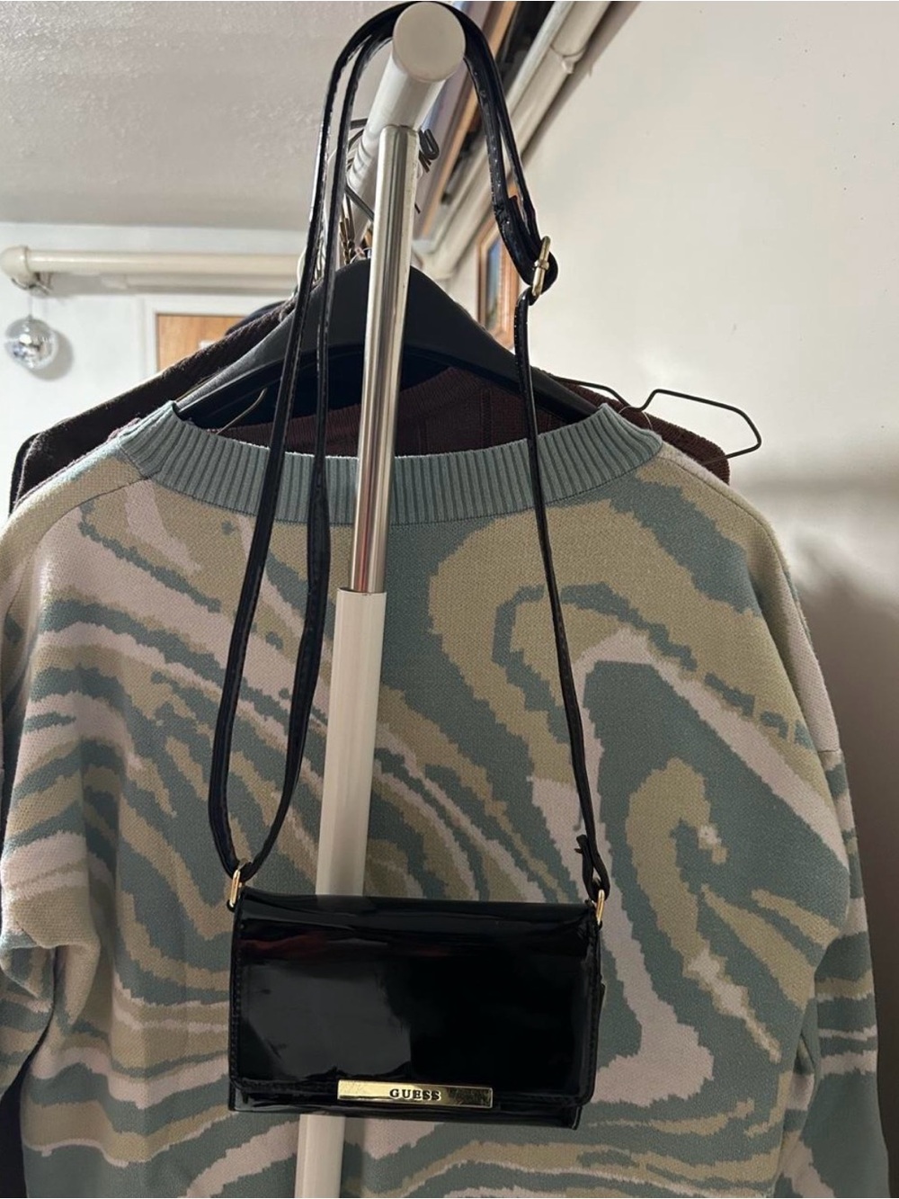Guess Black Patent Leather Crossbody Bag with Gold Hardware
